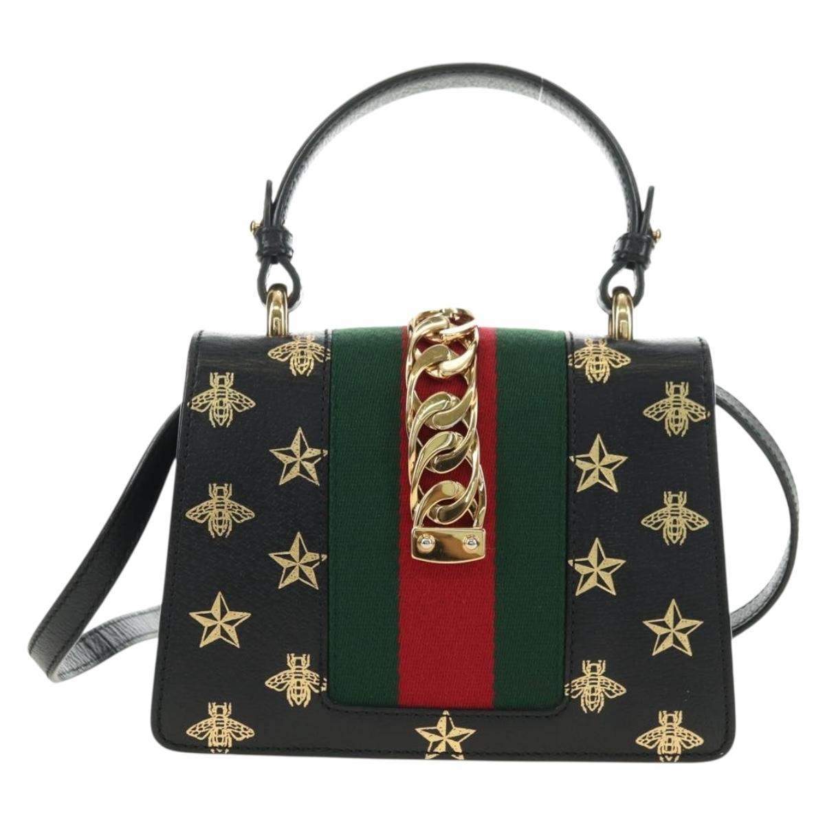 GUCCI Bee & Star Sherry Line Bag Leather 3way Black Gold 470270 Auth 181527SAV