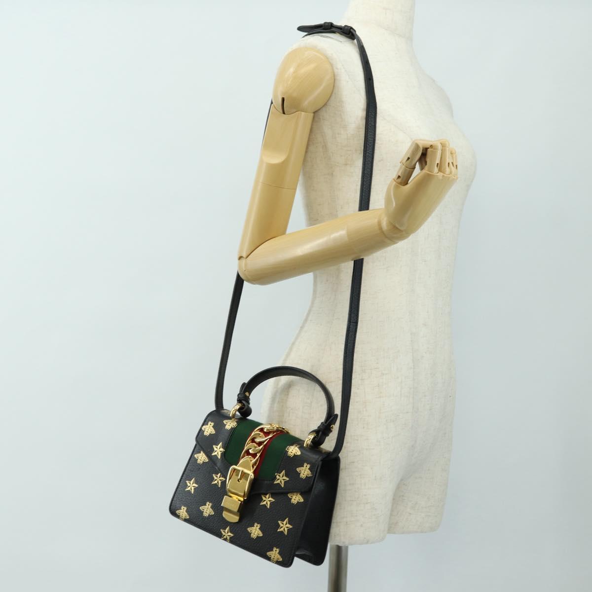 GUCCI Bee & Star Sherry Line Bag Leather 3way Black Gold 470270 Auth 181527SAV