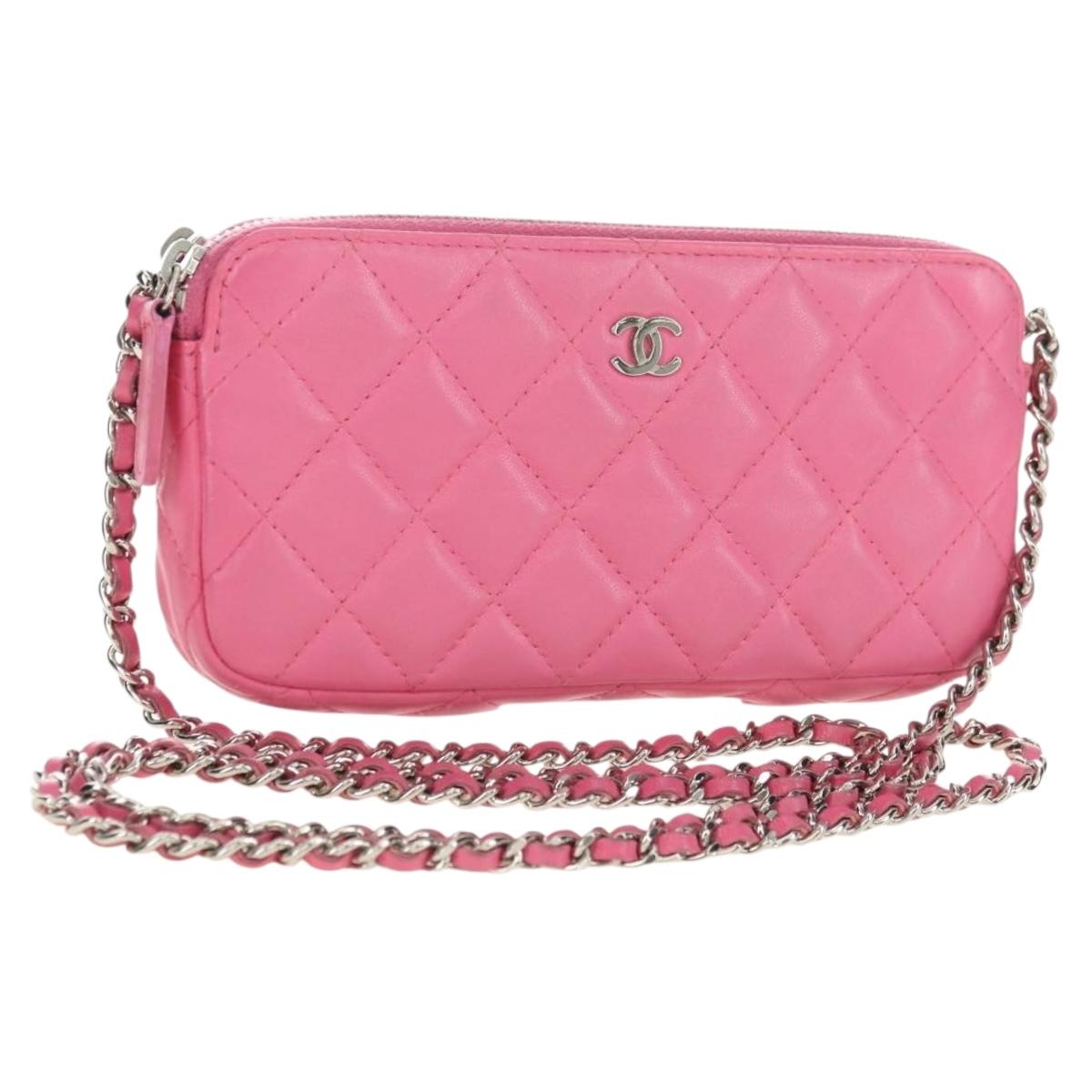 CHANEL Chain Matelasse Shoulder Bag Lamb Skin Pink Silver CC Auth 181529SAV