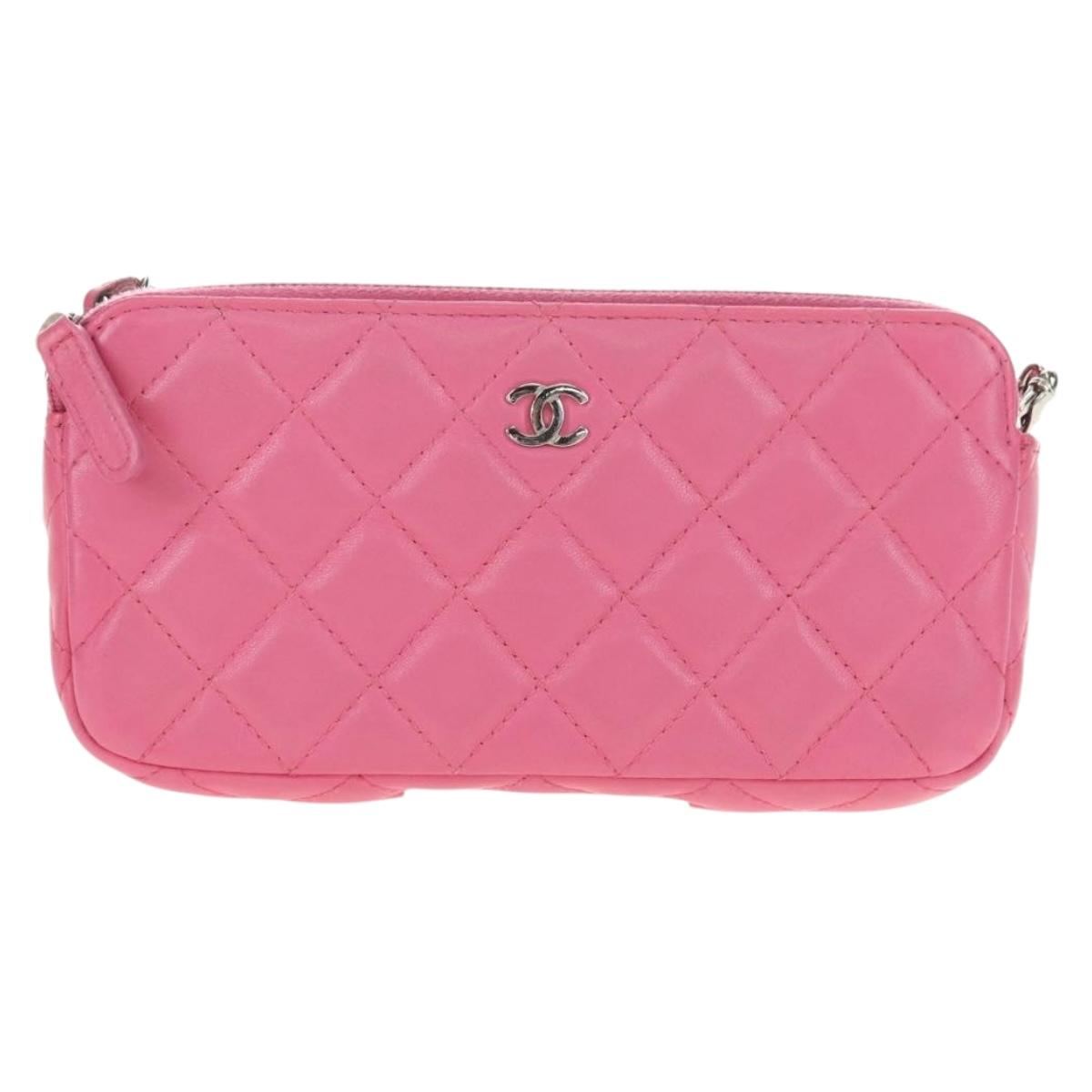 CHANEL Chain Matelasse Shoulder Bag Lamb Skin Pink Silver CC Auth 181529SAV