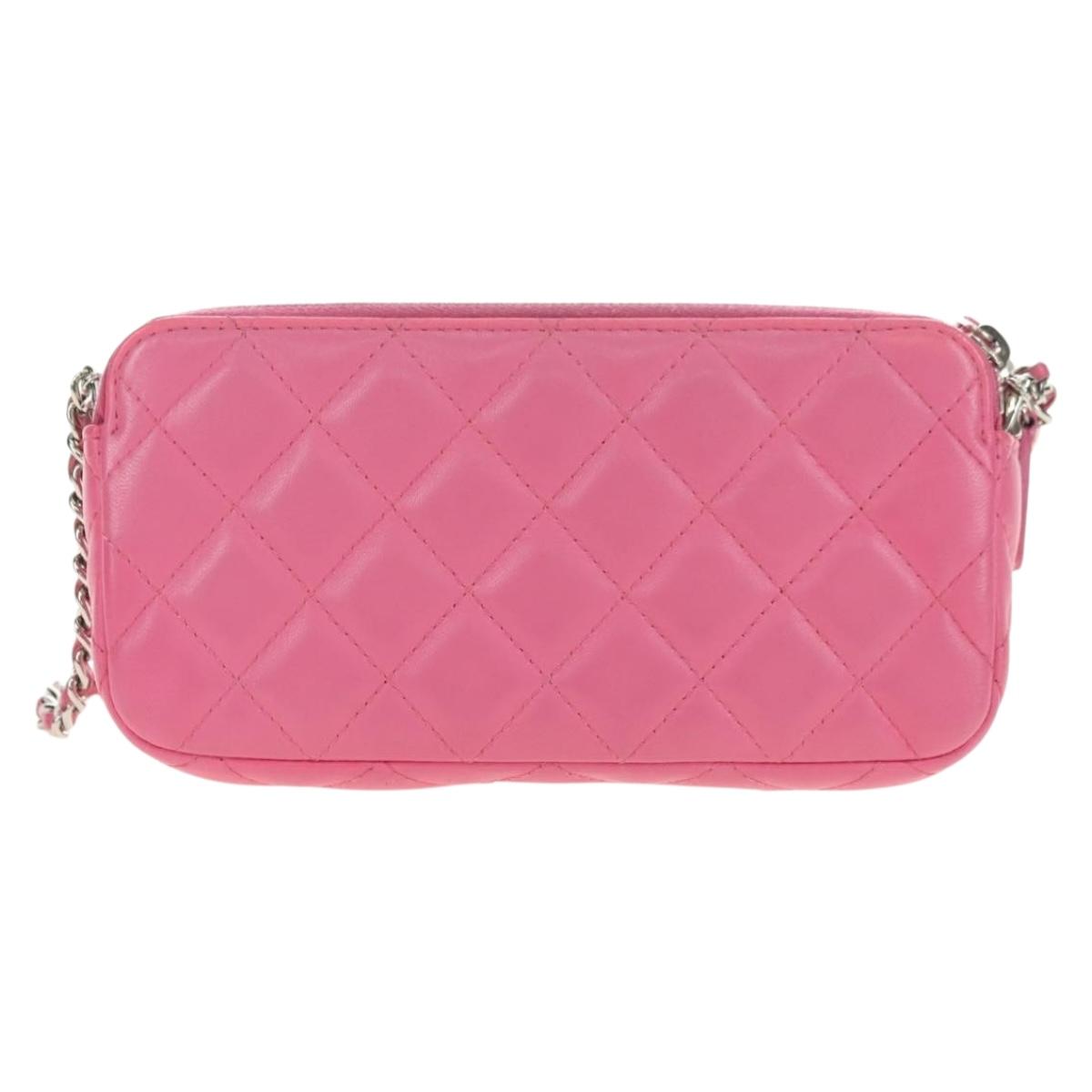 CHANEL Chain Matelasse Shoulder Bag Lamb Skin Pink Silver CC Auth 181529SAV