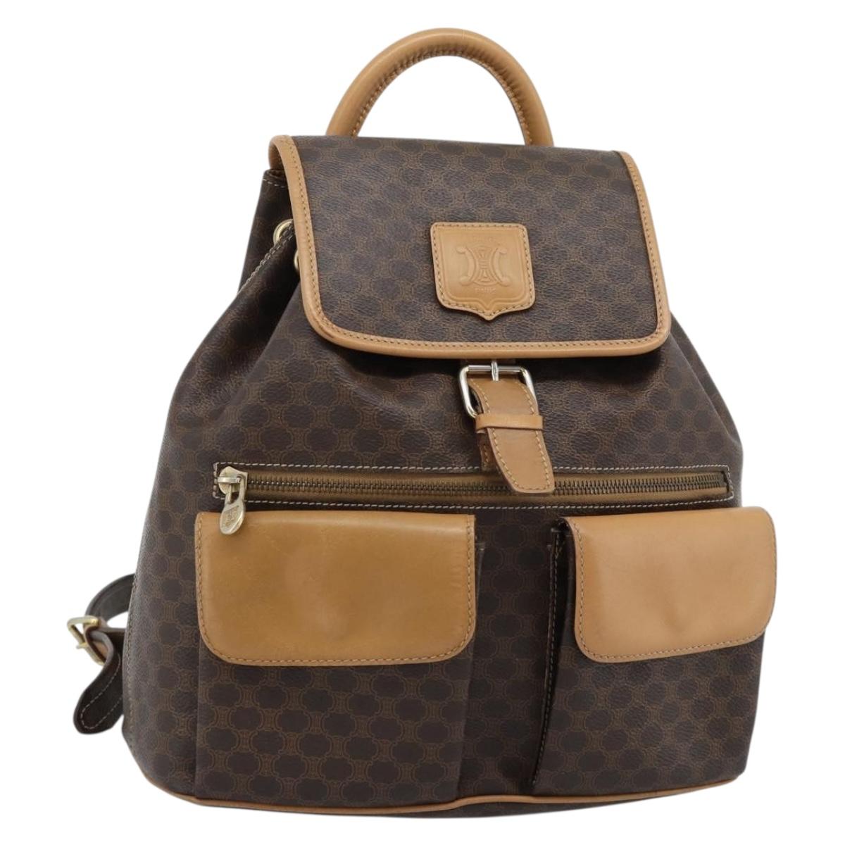 CELINE Macadam Canvas Backpack PVC Leather Brown Gold Auth 181532
