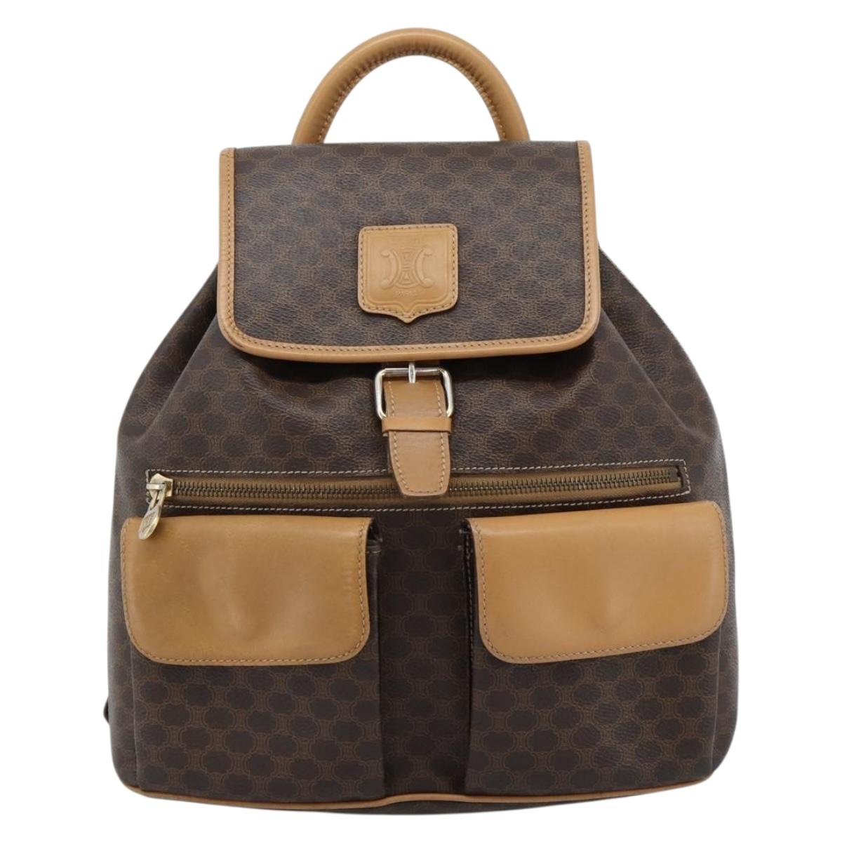 CELINE Macadam Canvas Backpack PVC Leather Brown Gold Auth 181532