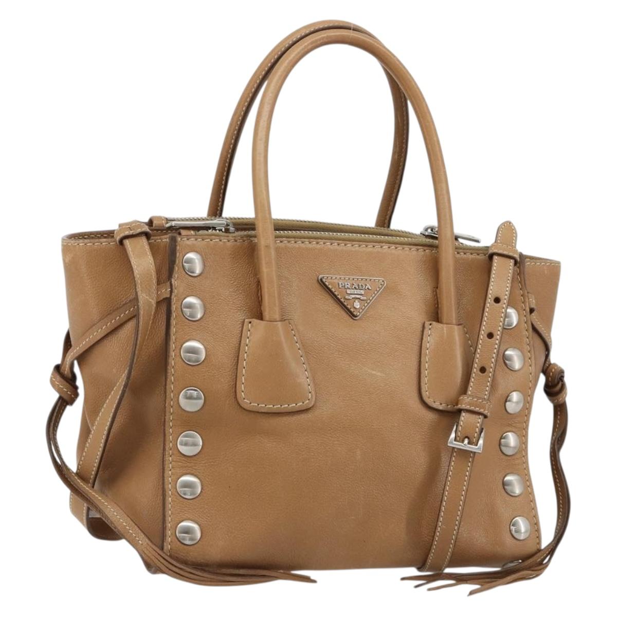 PRADA Hand Bag Leather 2way Beige Silver Auth 181556A