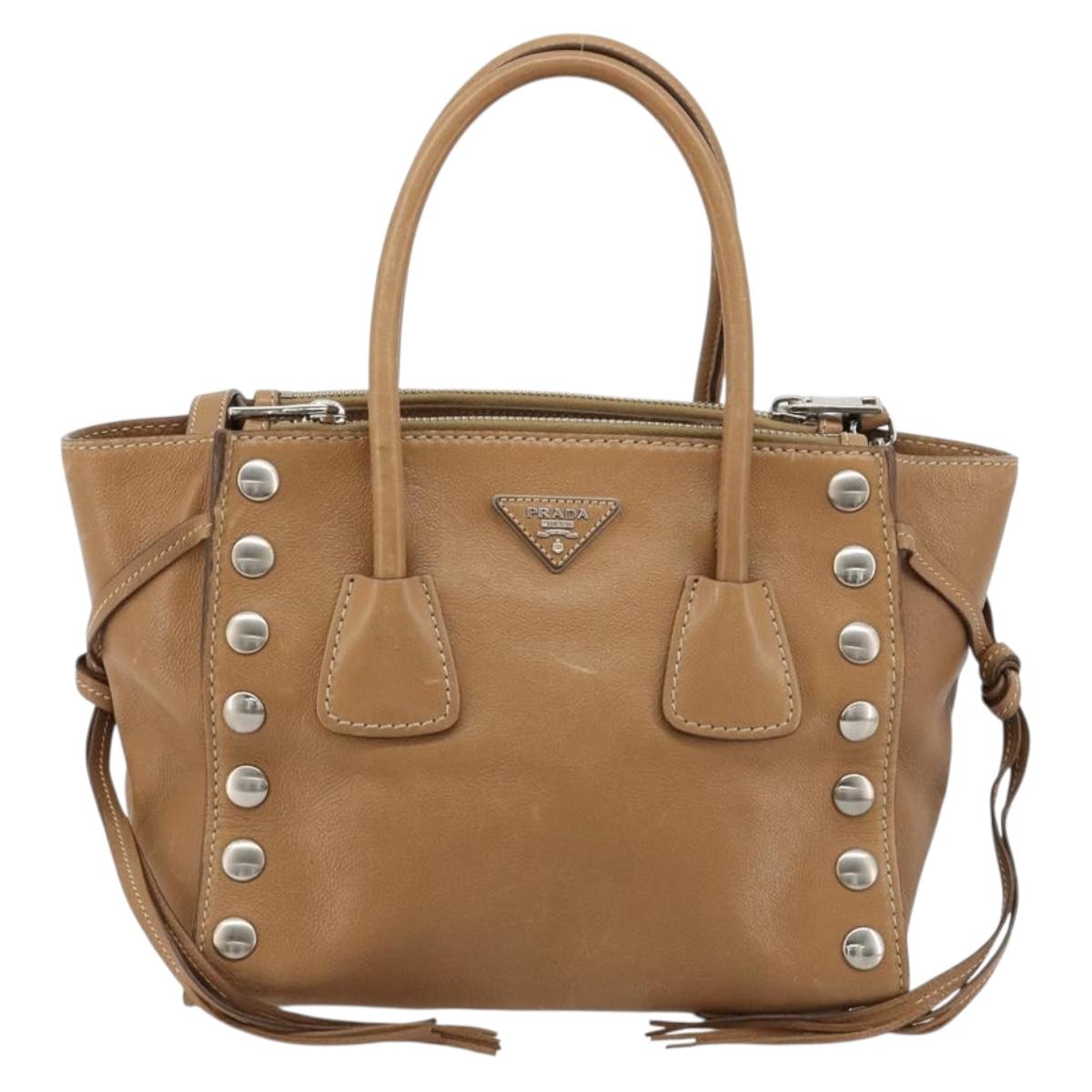PRADA Hand Bag Leather 2way Beige Silver Auth 181556A
