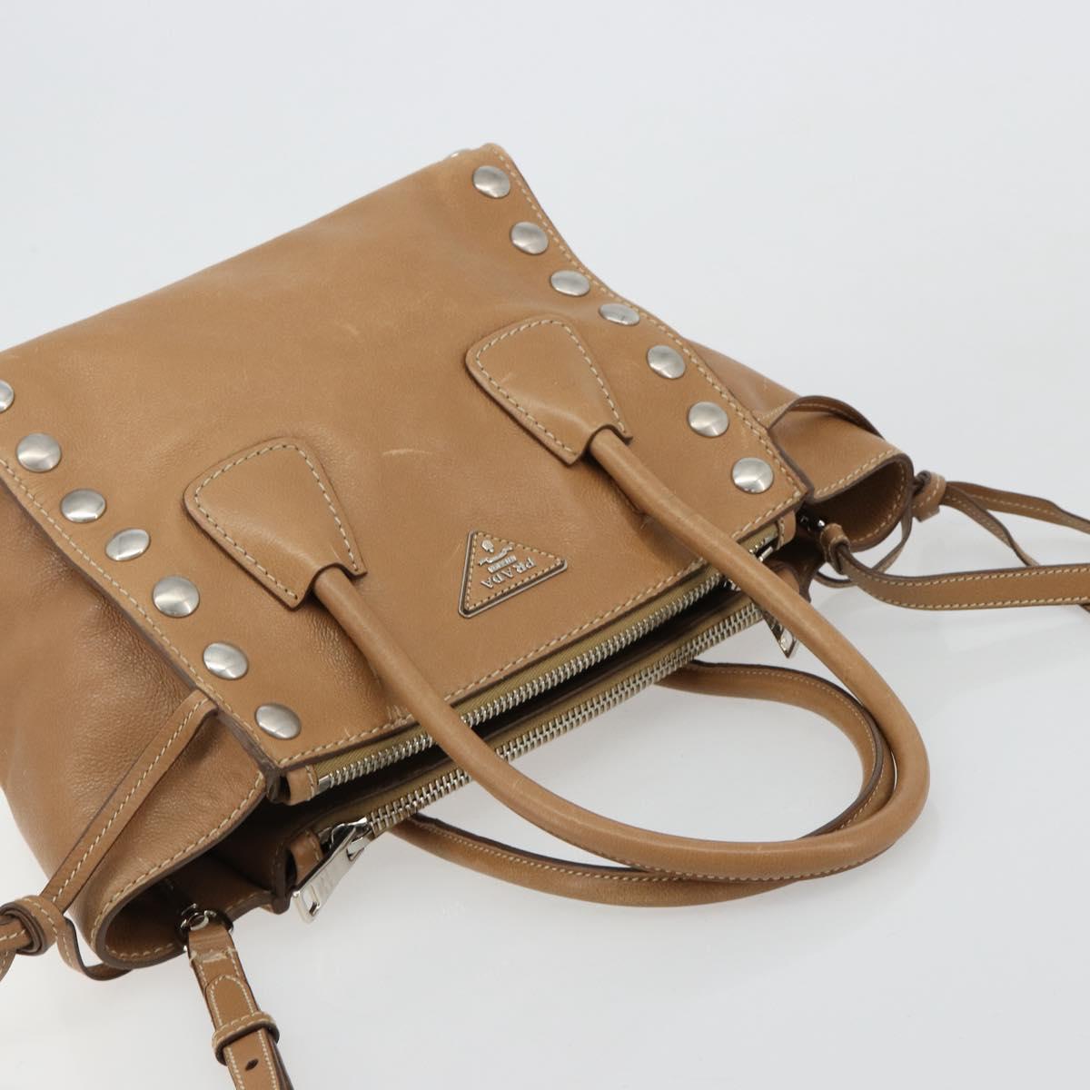 PRADA Hand Bag Leather 2way Beige Silver Auth 181556A