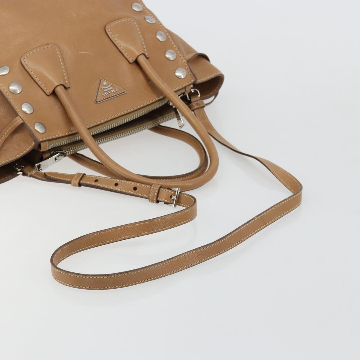 PRADA Hand Bag Leather 2way Beige Silver Auth 181556A