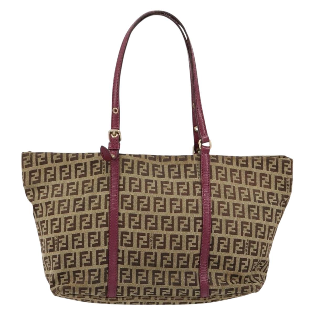 FENDI Zucchino Canvas Hand Bag Beige Gold Auth 181558A