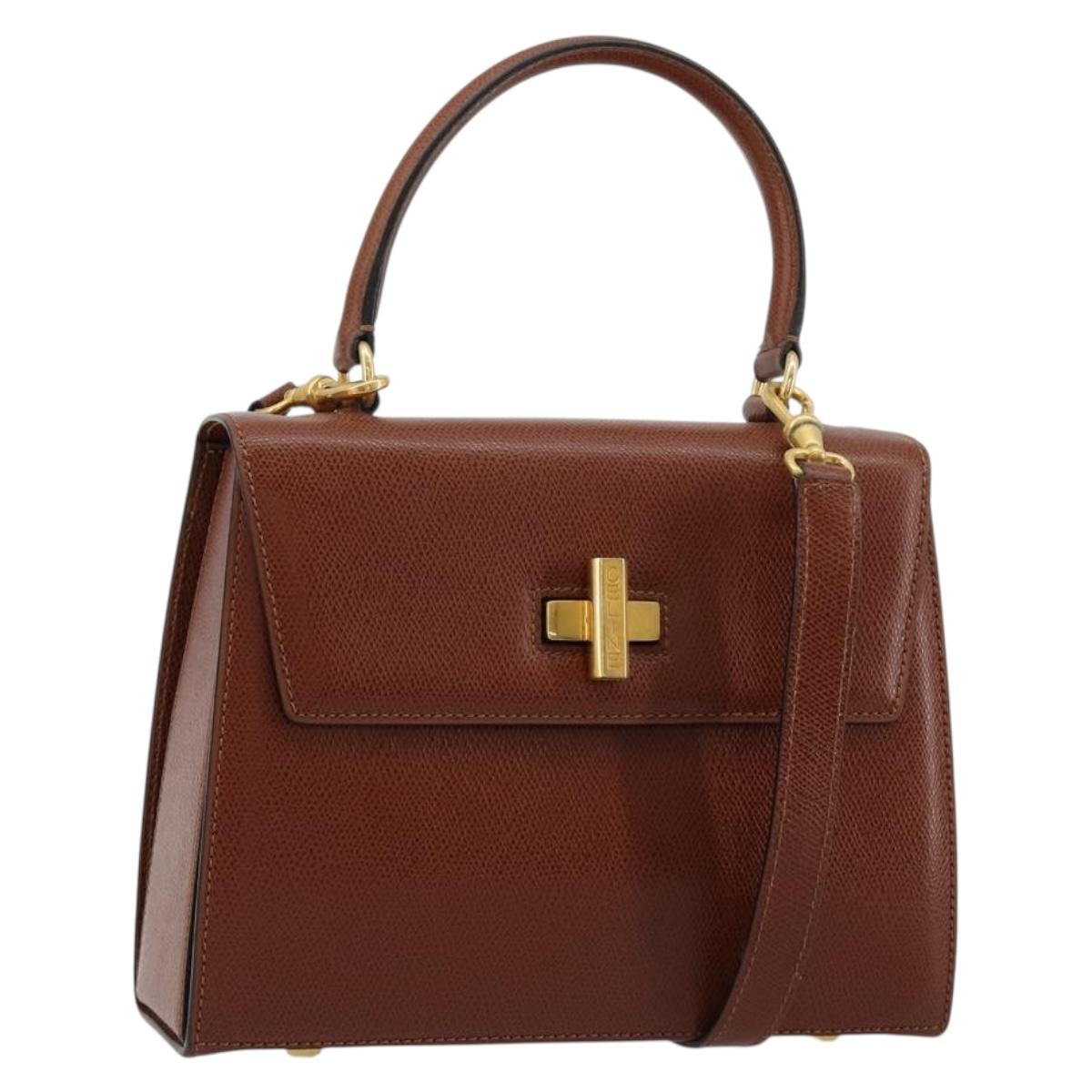 CELINE Hand Bag Leather 2way Brown Gold Auth 181564A