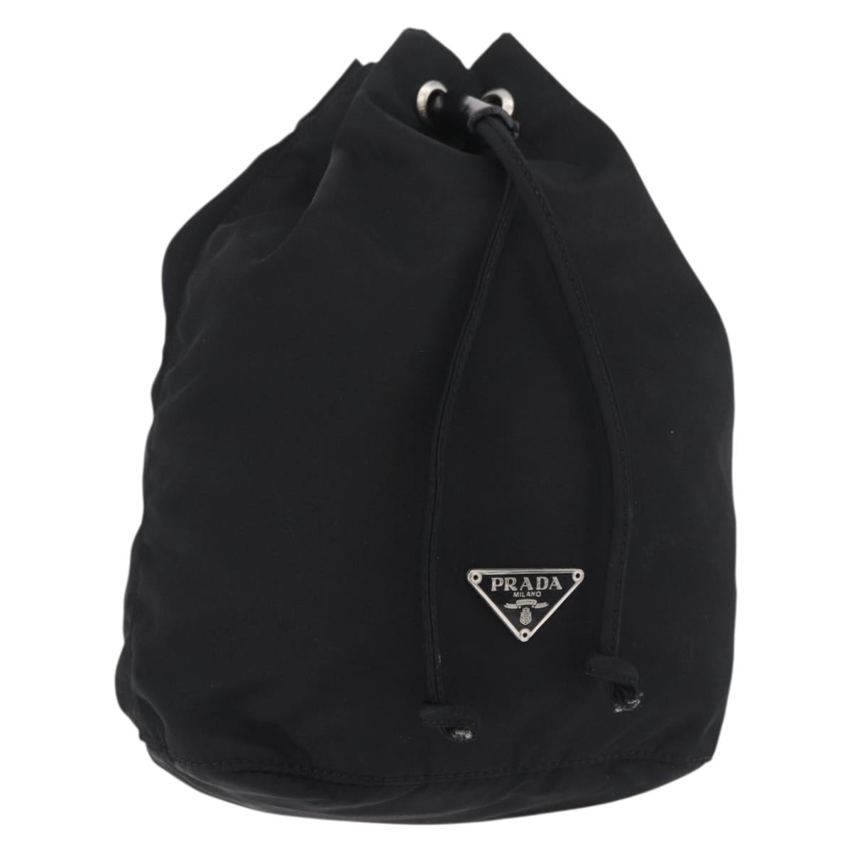 PRADA Drawstring Pouch Nylon Black Silver Auth 181567