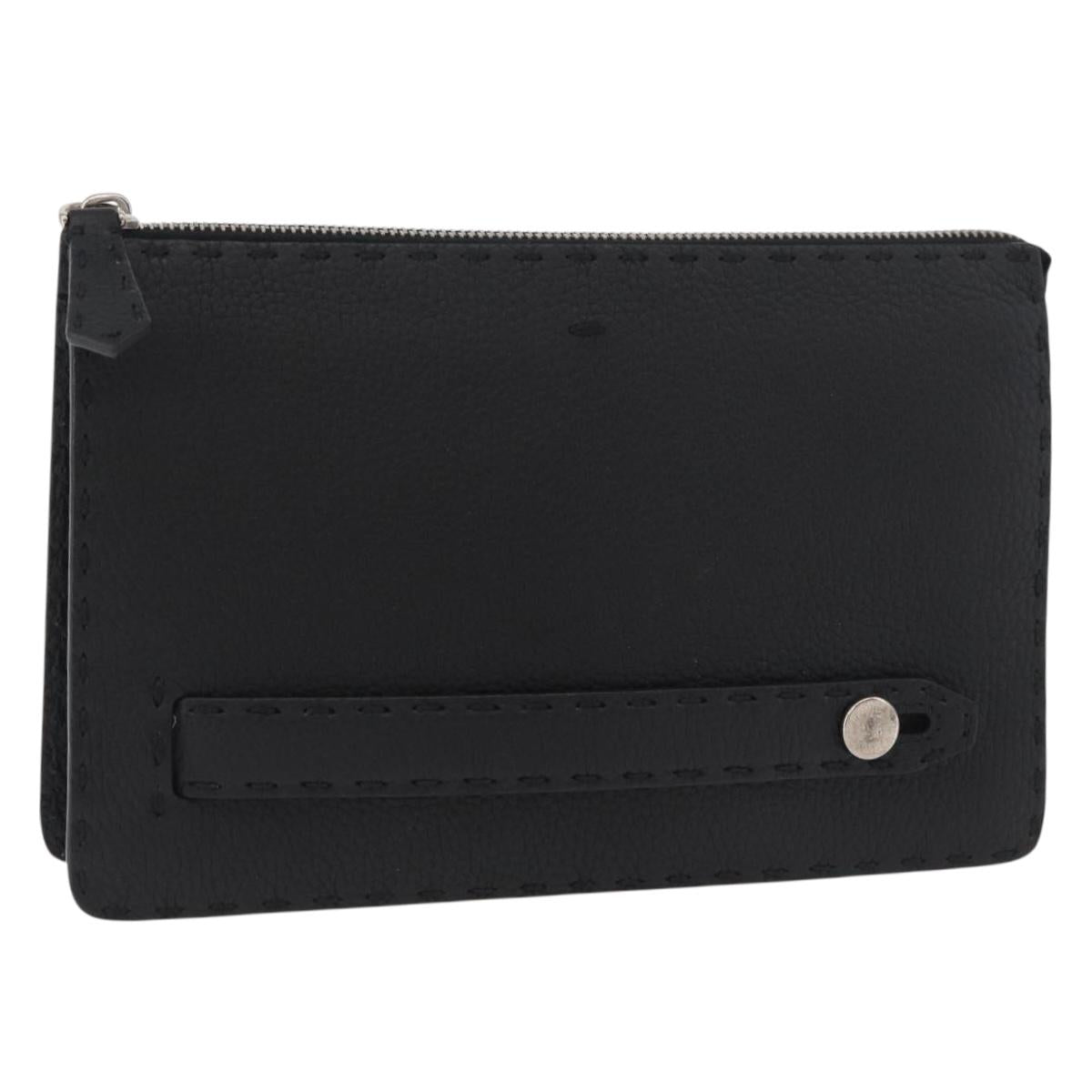 FENDI Clutch Bag Leather Black Silver Auth 181568A