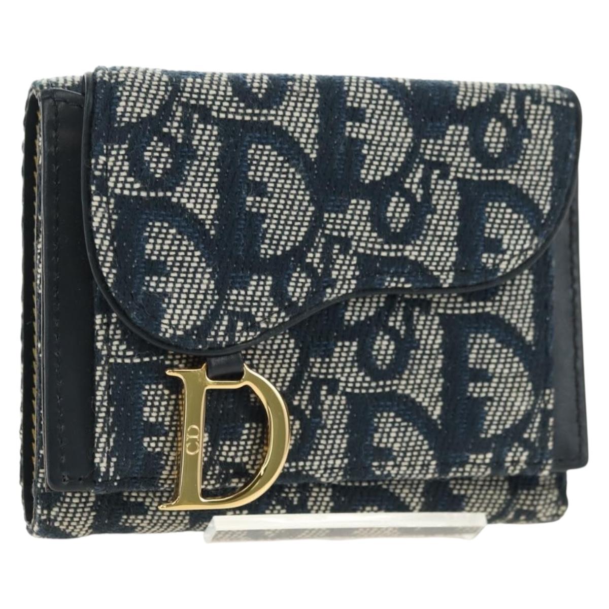 Christian Dior Trotter Canvas Saddle Trifold Wallet Navy Gold Auth 181569V
