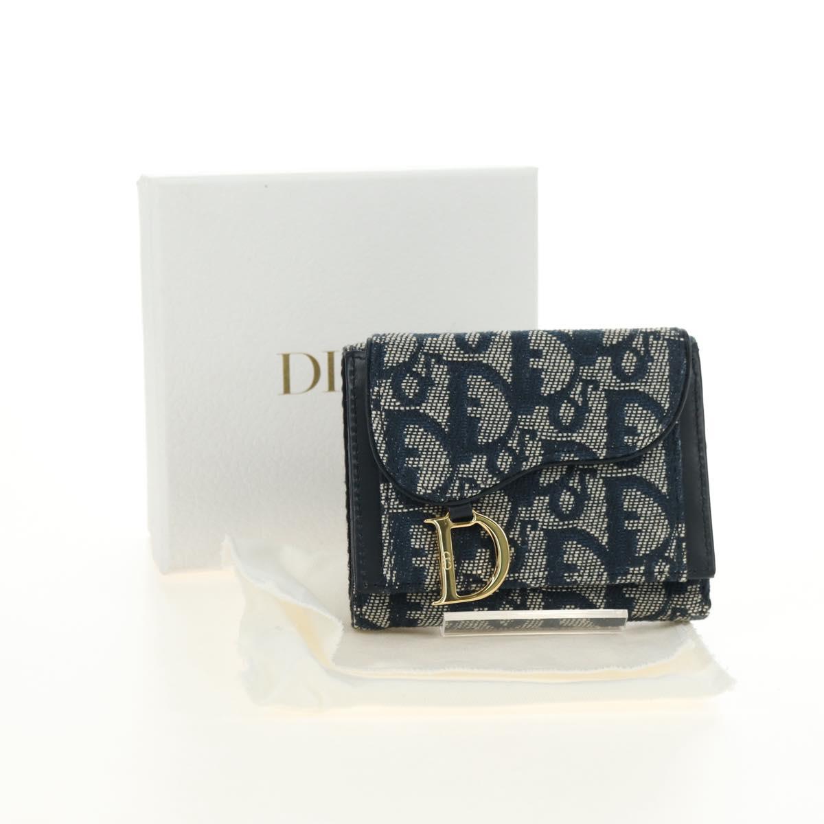 Christian Dior Trotter Canvas Saddle Trifold Wallet Navy Gold Auth 181569V