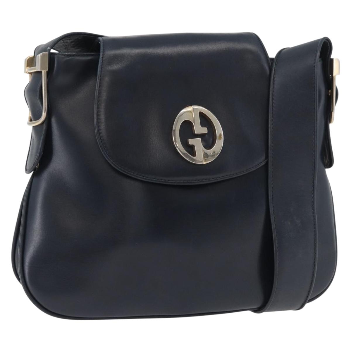 GUCCI Shoulder Bag Leather Navy Gold Auth 181580