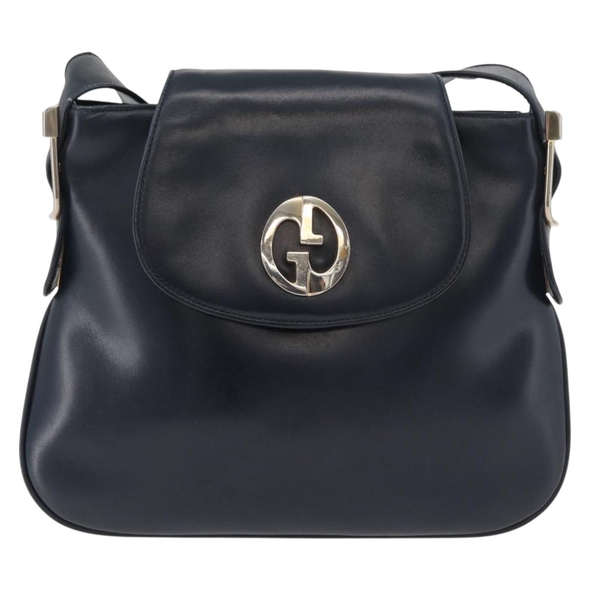 GUCCI Shoulder Bag Leather Navy Gold Auth 181580
