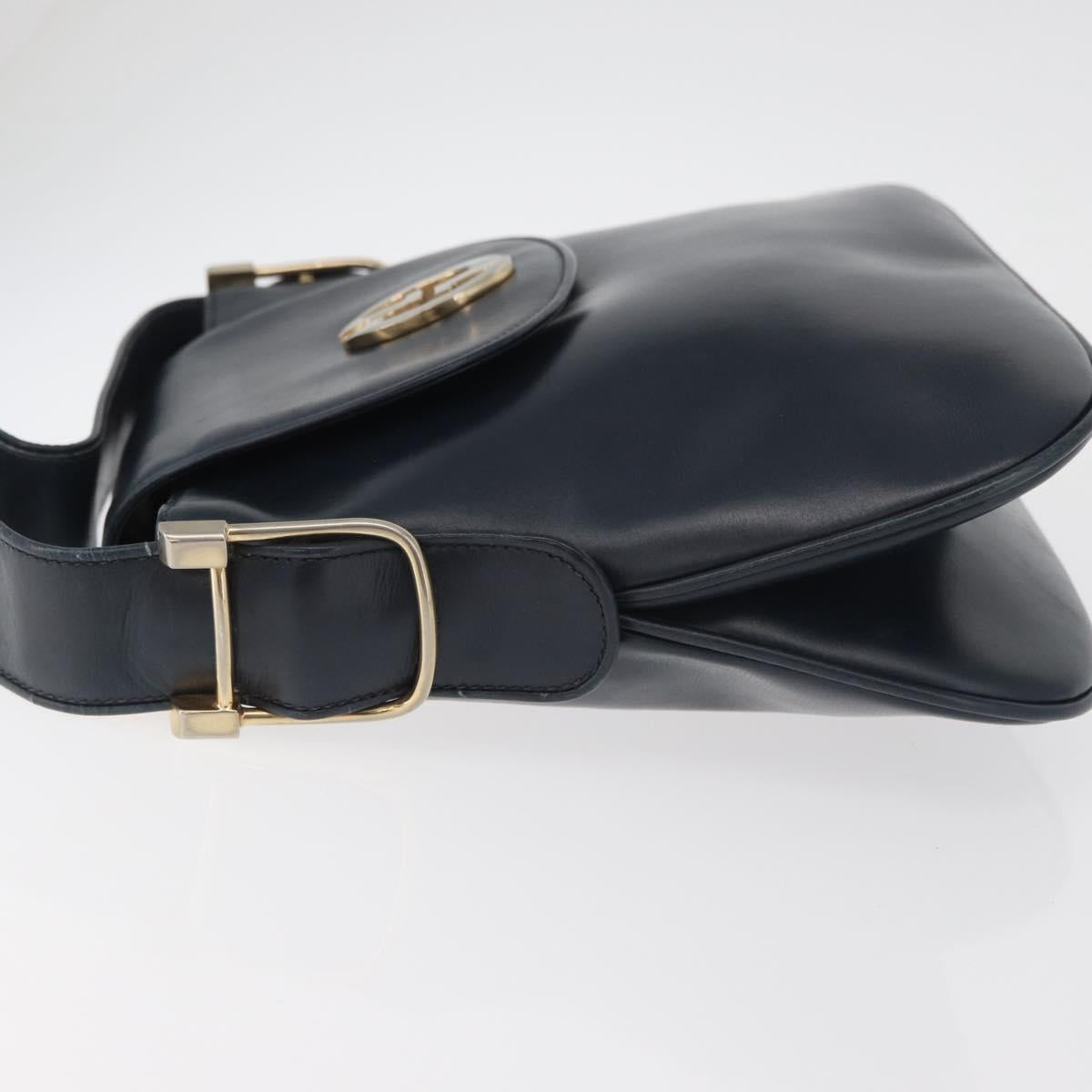 GUCCI Shoulder Bag Leather Navy Gold Auth 181580