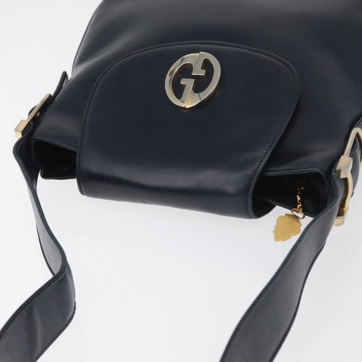 GUCCI Shoulder Bag Leather Navy Gold Auth 181580