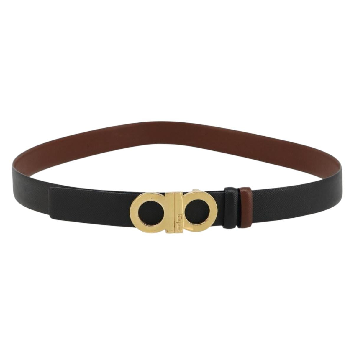 Salvatore Ferragamo Gancini Reversible Belt Leather 37.8"" Black Auth 181581A