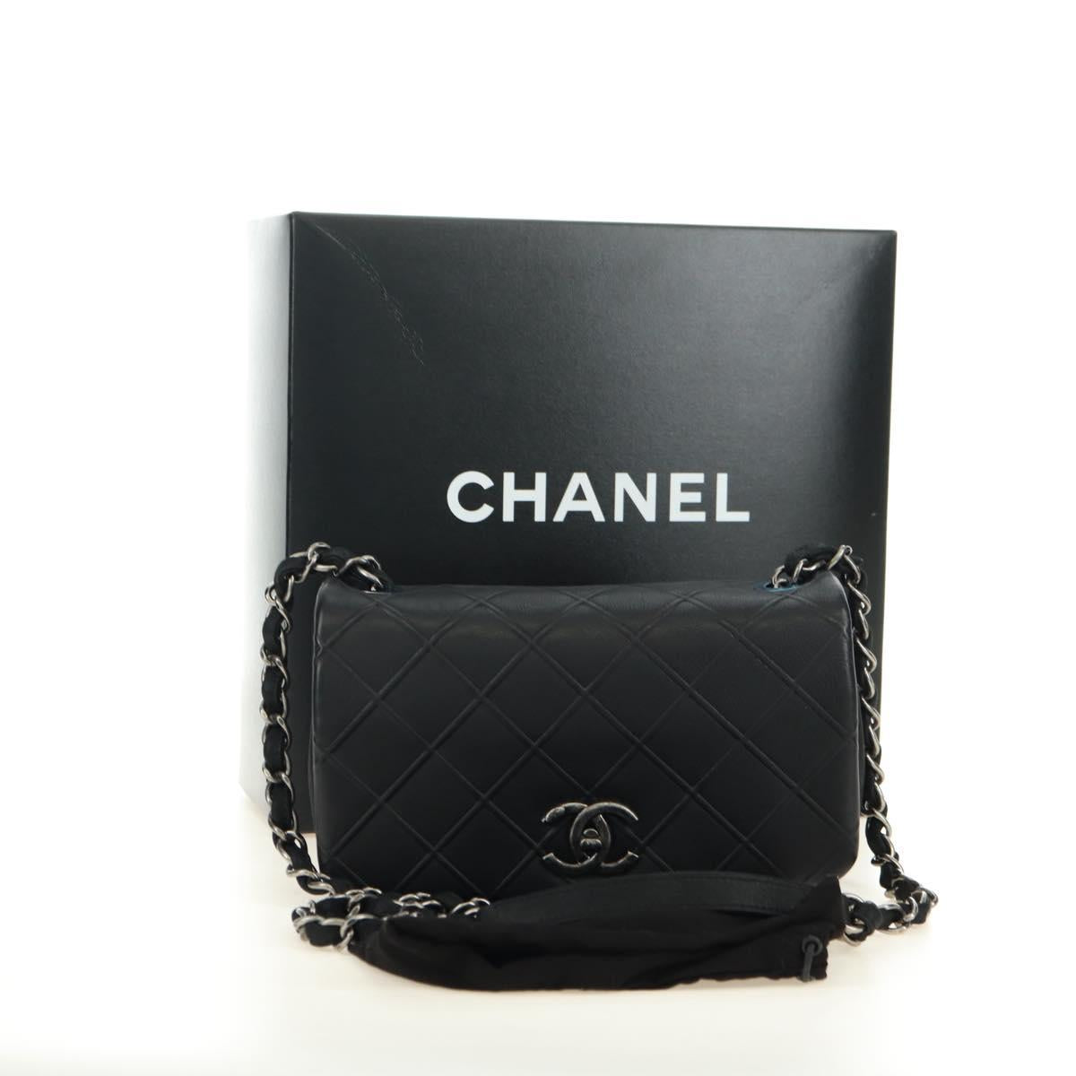 CHANEL Cosmos Line Chain Shoulder Bag Lamb Skin Black Silver CC Auth 181582SM