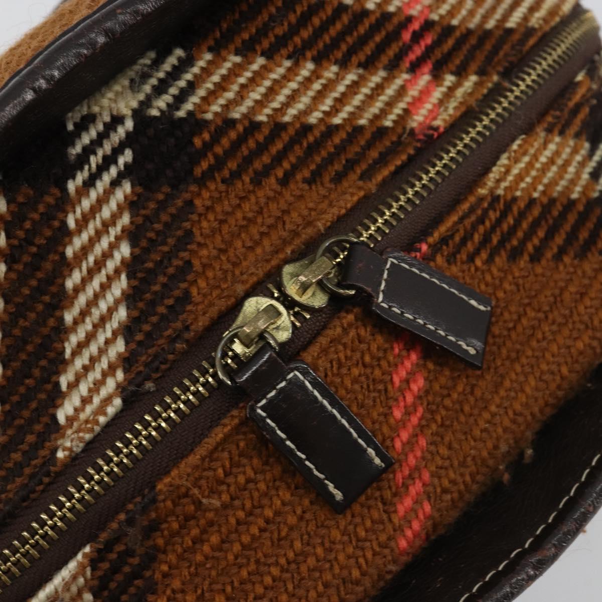BURBERRY Nova Check Blue Label Hand Bag Wool Brown Gold Auth 181585