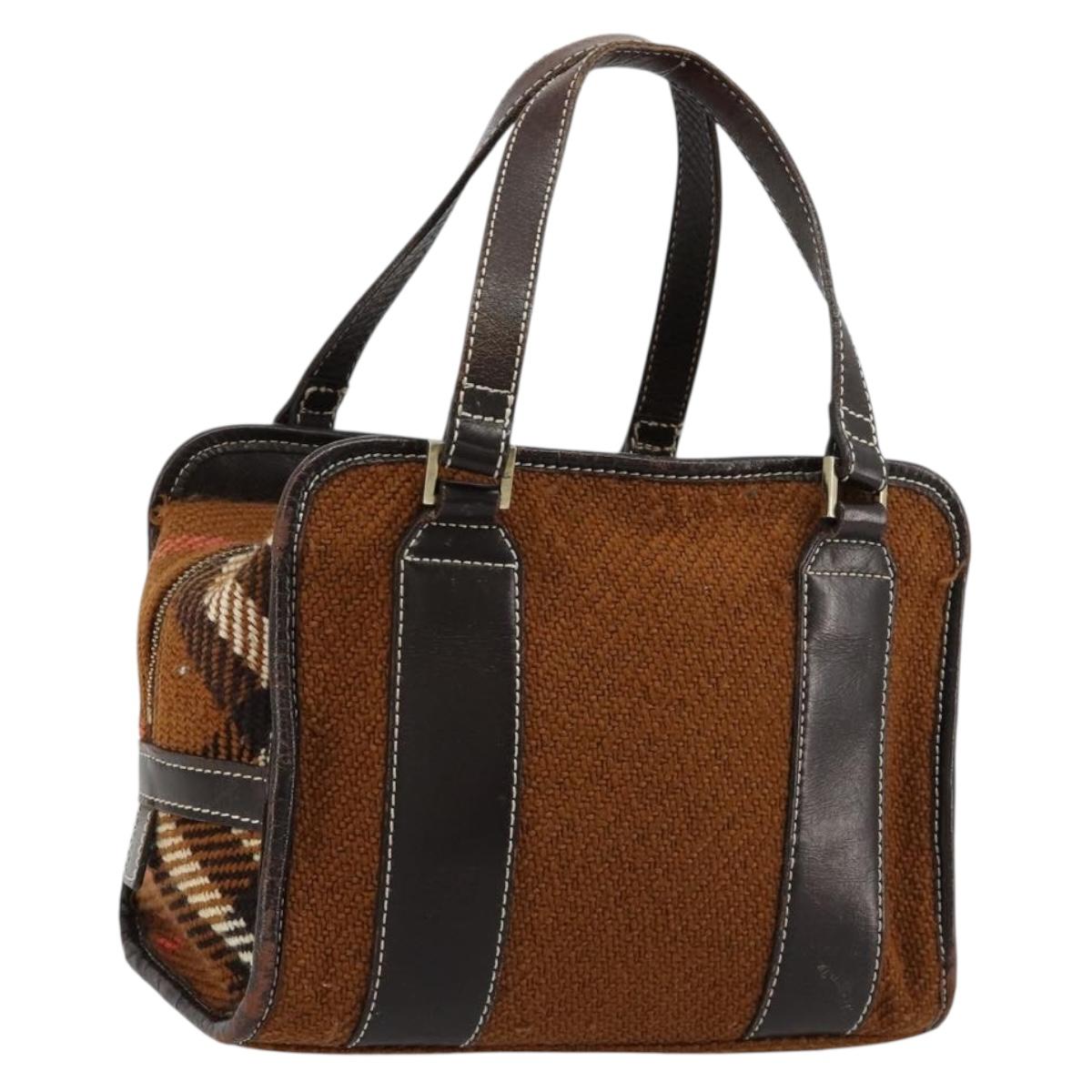 BURBERRY Nova Check Blue Label Hand Bag Wool Brown Gold Auth 181585