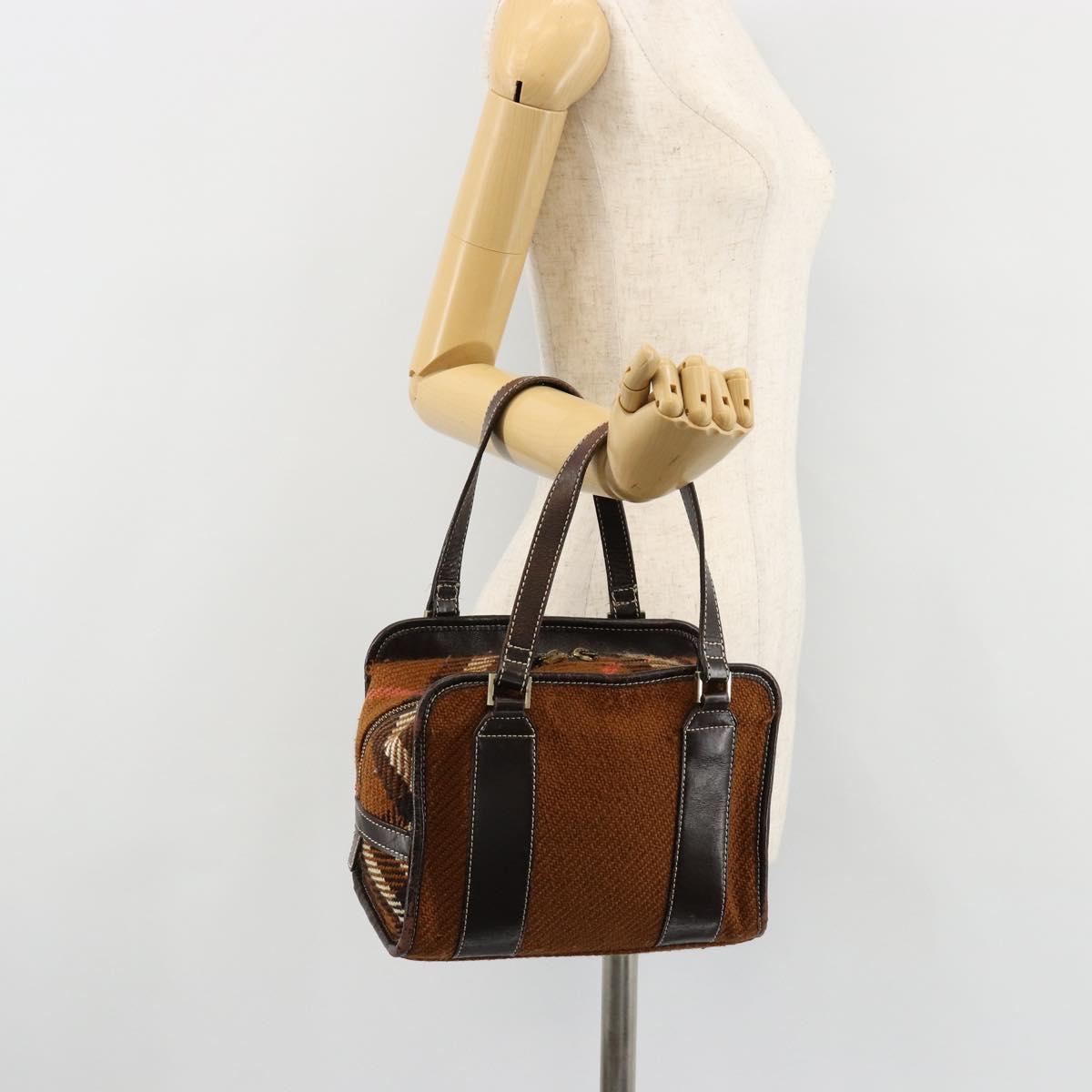 BURBERRY Nova Check Blue Label Hand Bag Wool Brown Gold Auth 181585
