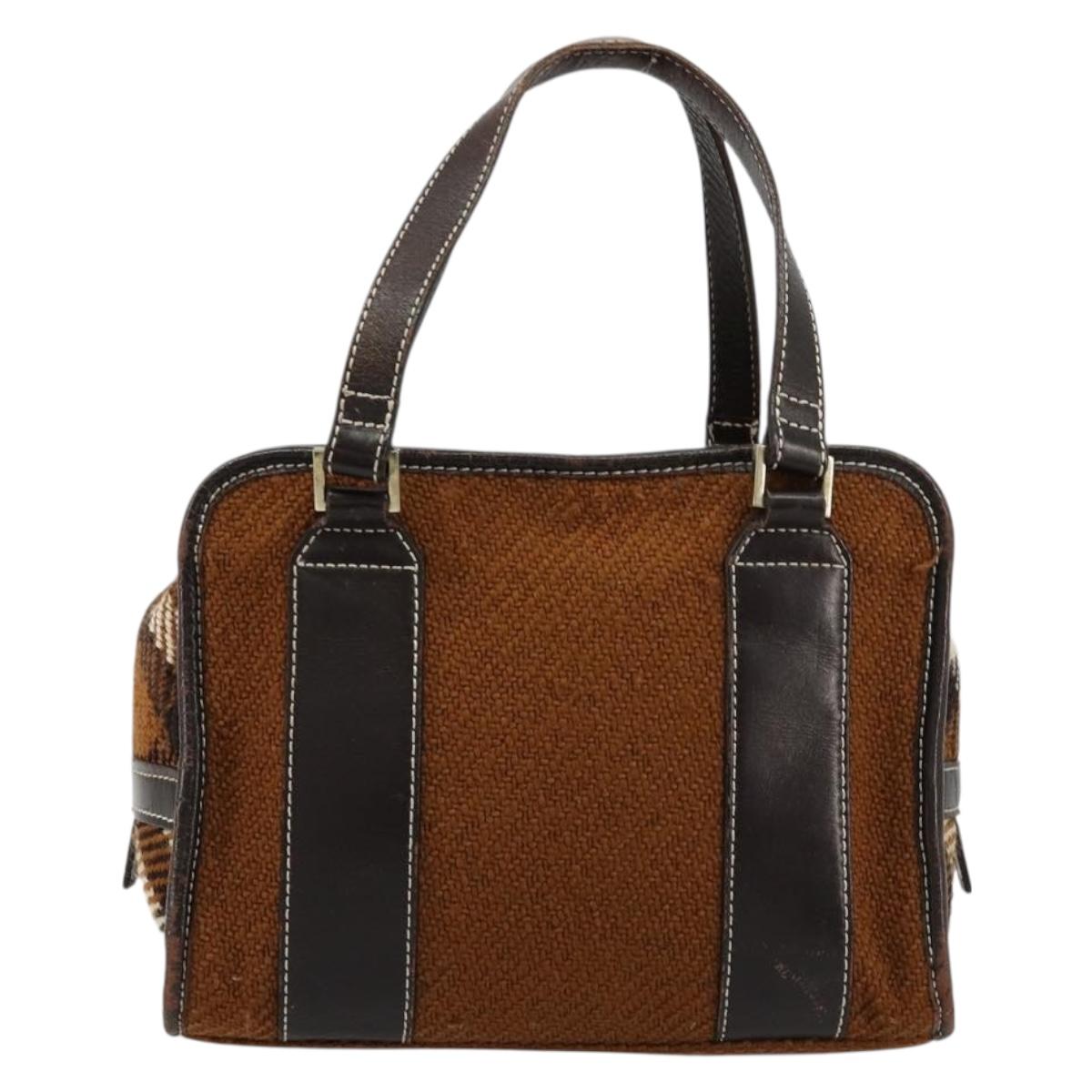 BURBERRY Nova Check Blue Label Hand Bag Wool Brown Gold Auth 181585