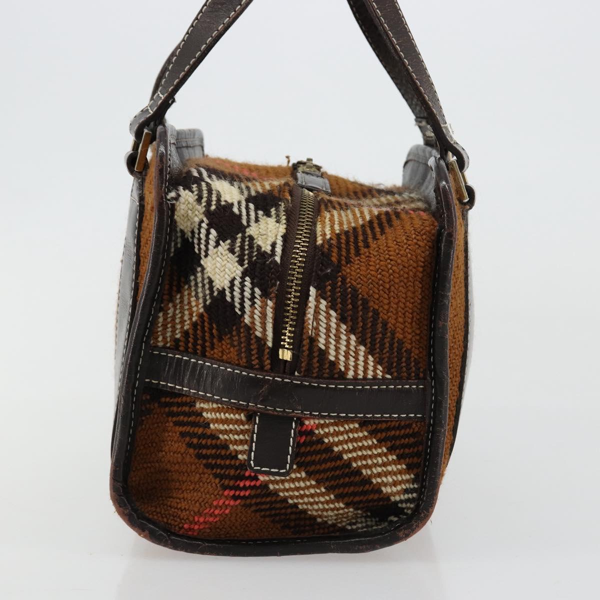 BURBERRY Nova Check Blue Label Hand Bag Wool Brown Gold Auth 181585