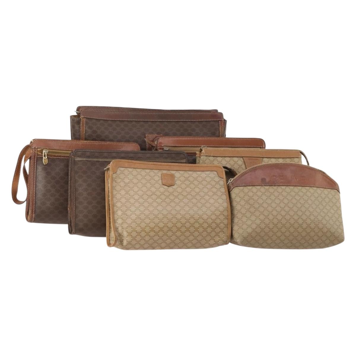 CELINE Macadam Canvas Clutch Bag PVC 6 Set Brown Beige Auth 181592