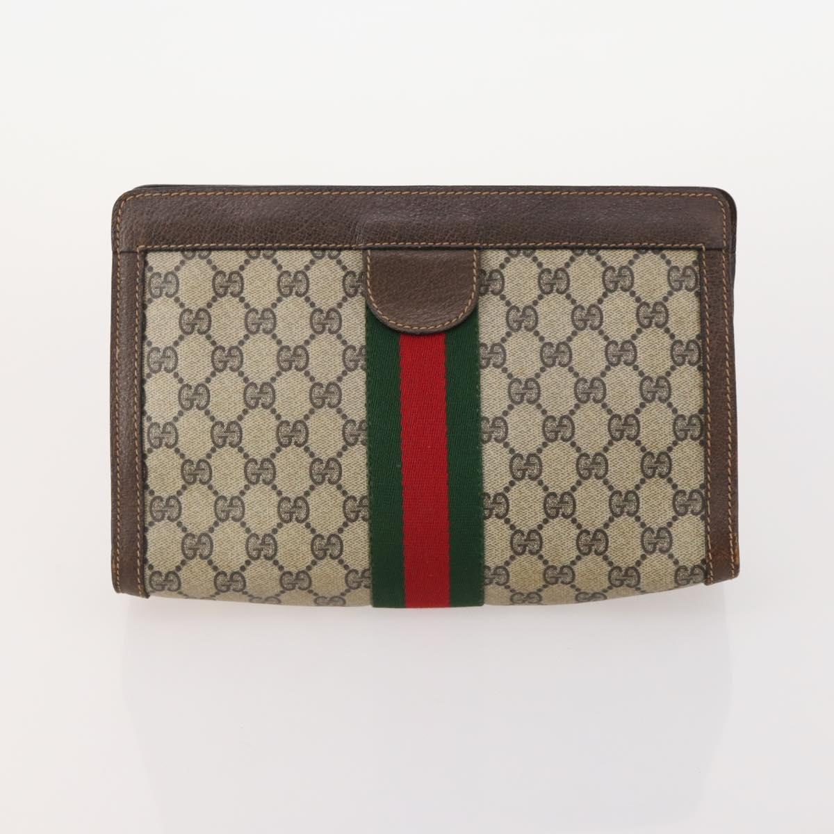 GUCCI GG Supreme Web Sherry Line Clutch Bag PVC 3 Set Beige Navy Auth 181593