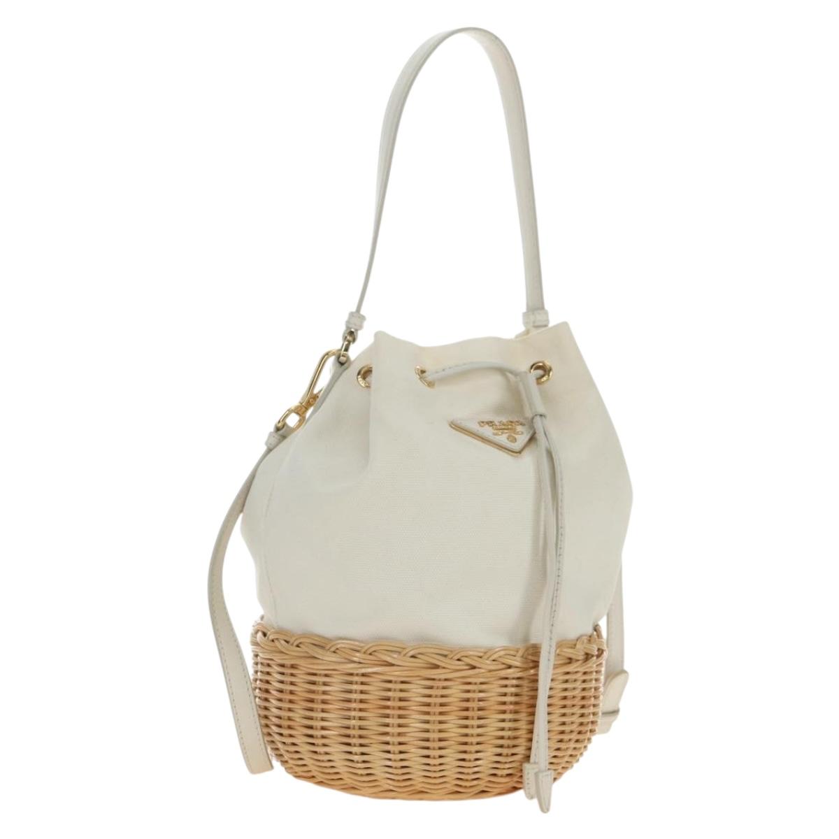 PRADA Wicker Shoulder Bag Rattan 2way Beige Gold Auth 181615V