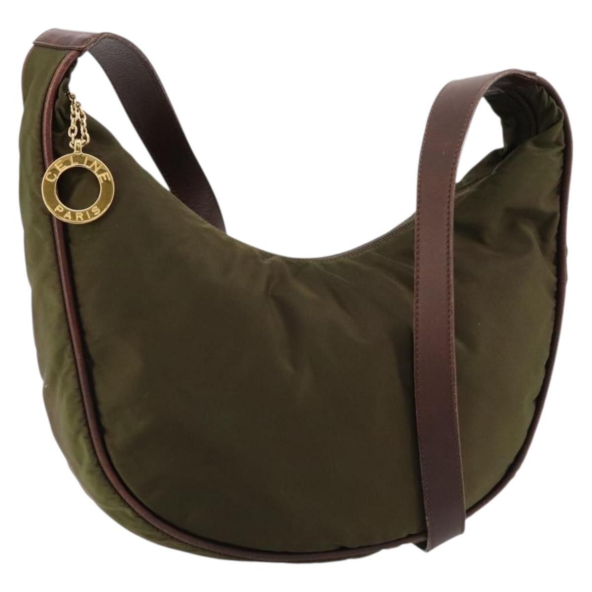 CELINE Circle Shoulder Bag Nylon Khaki Gold Auth 181636