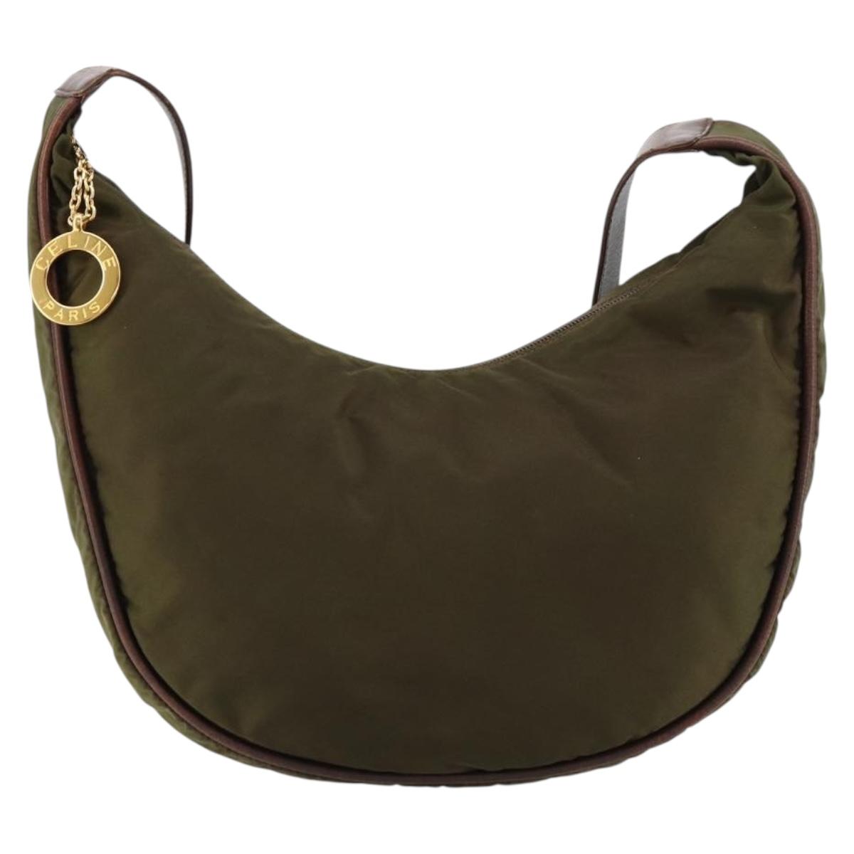 CELINE Circle Shoulder Bag Nylon Khaki Gold Auth 181636
