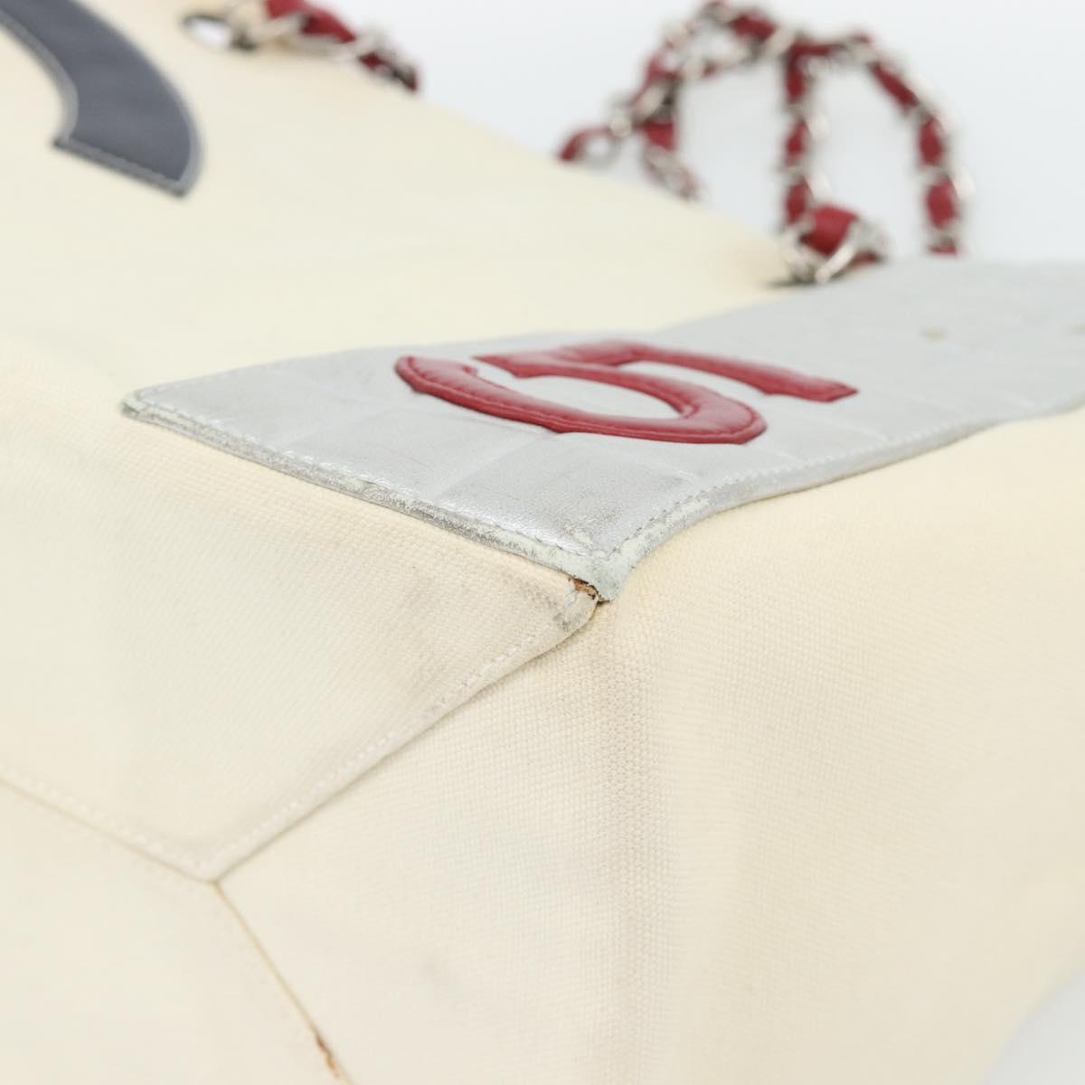 CHANEL Choco Bar Chain Tote Bag No5 Canvas Ivory Silver CC Auth 181646A