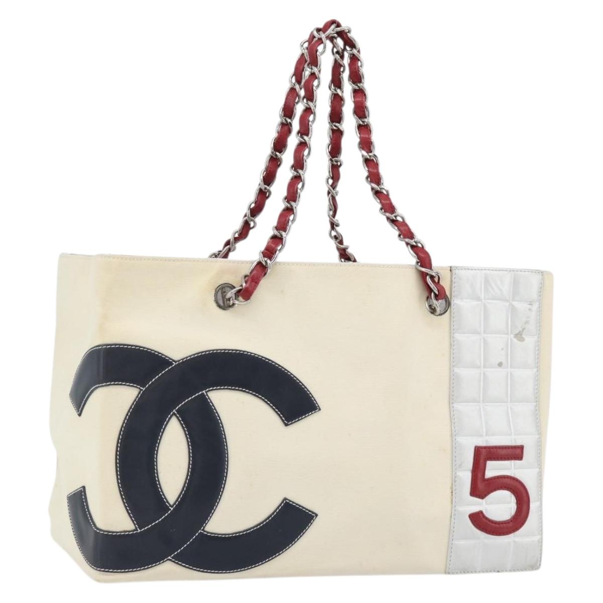 CHANEL Choco Bar Chain Tote Bag No5 Canvas Ivory Silver CC Auth 181646A