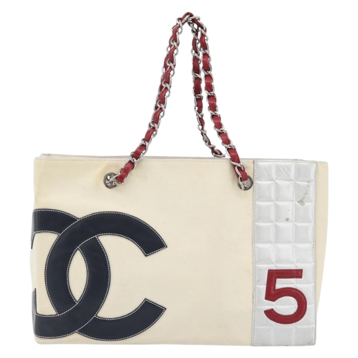 CHANEL Choco Bar Chain Tote Bag No5 Canvas Ivory Silver CC Auth 181646A