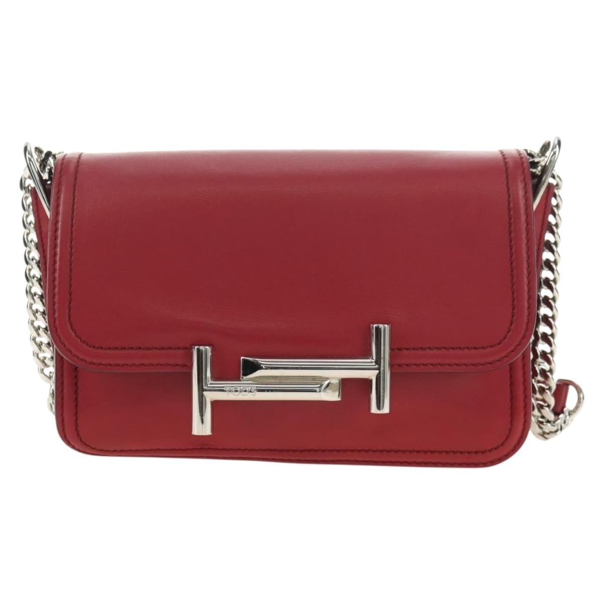 TOD’S Shoulder Bag Leather Red Silver Auth 181649V