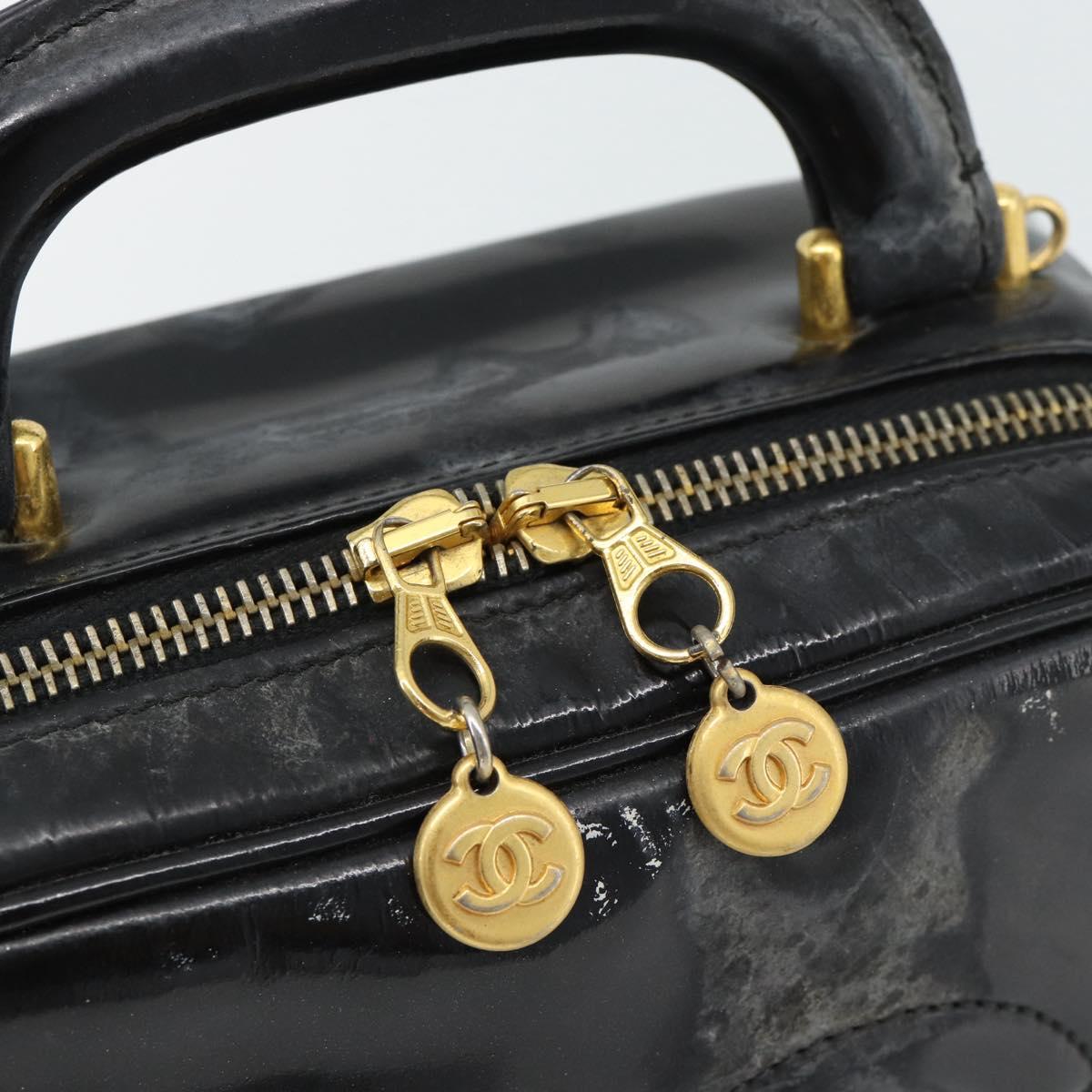 CHANEL COCO Mark Vanity Hand Bag Patent leather Black Gold CC Auth 181661