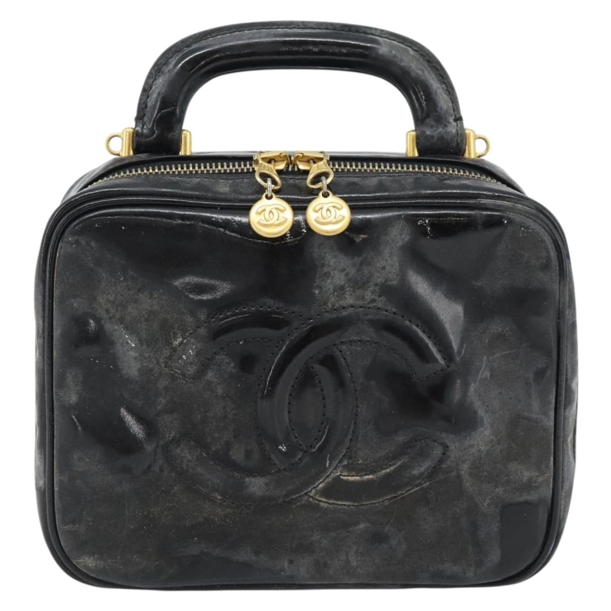 CHANEL COCO Mark Vanity Hand Bag Patent leather Black Gold CC Auth 181661