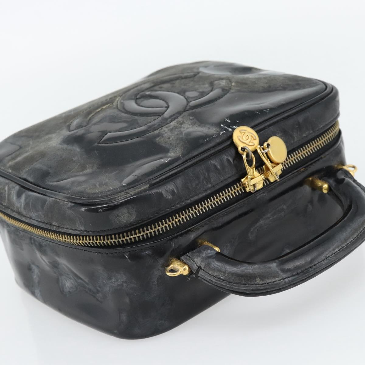 CHANEL COCO Mark Vanity Hand Bag Patent leather Black Gold CC Auth 181661