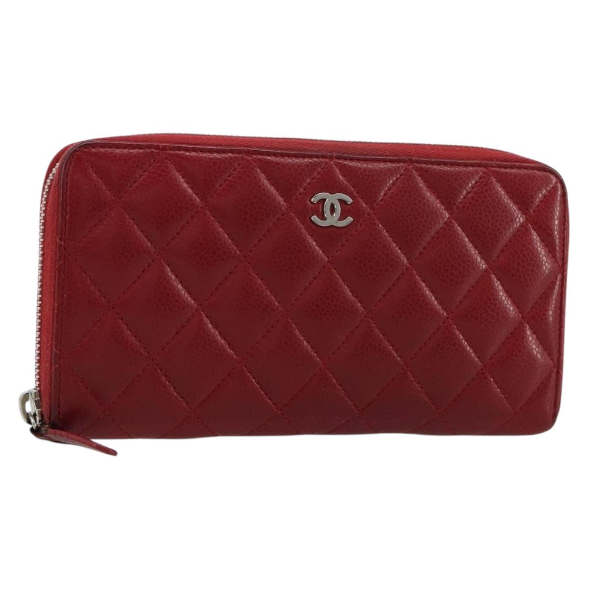 CHANEL Matelasse Long Wallet Caviar Skin Red Silver CC Auth 181674A