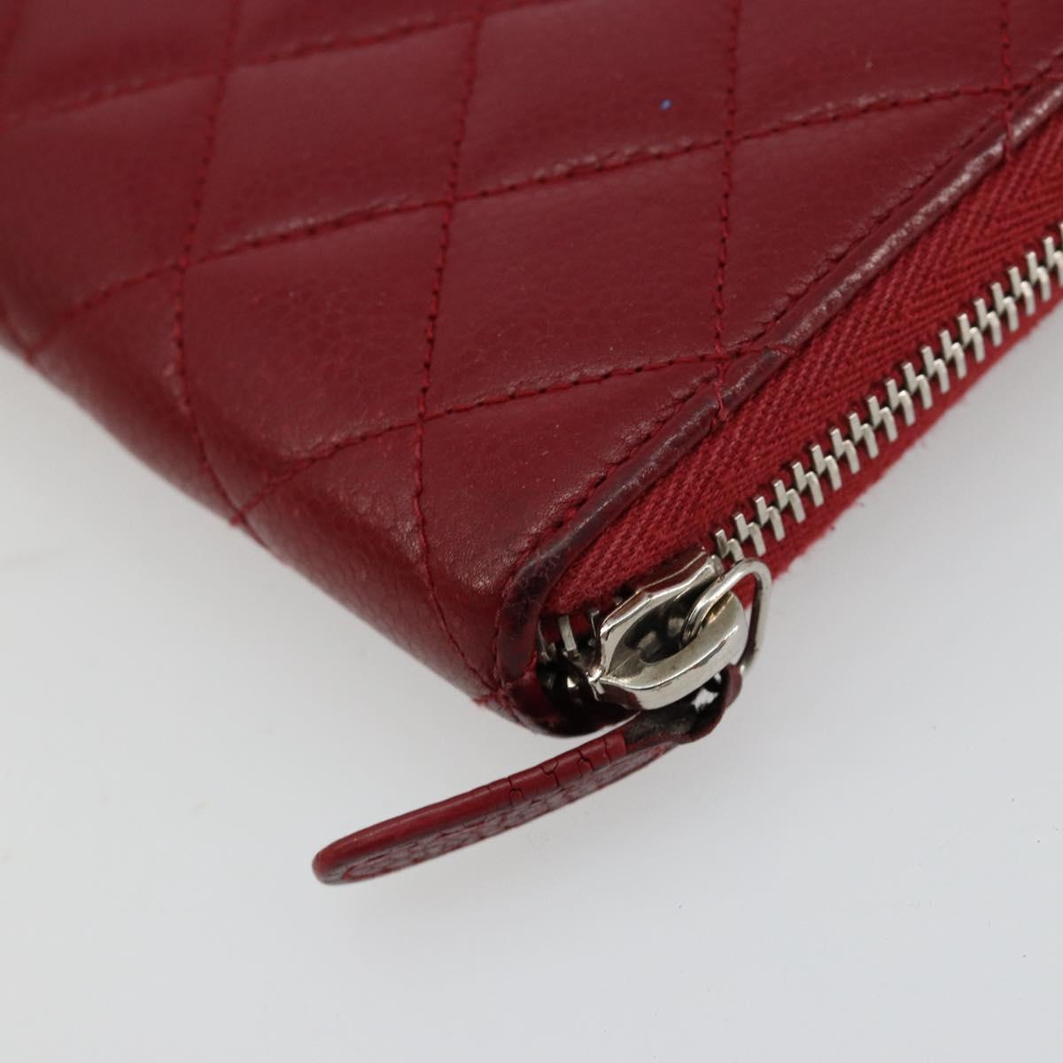 CHANEL Matelasse Long Wallet Caviar Skin Red Silver CC Auth 181674A