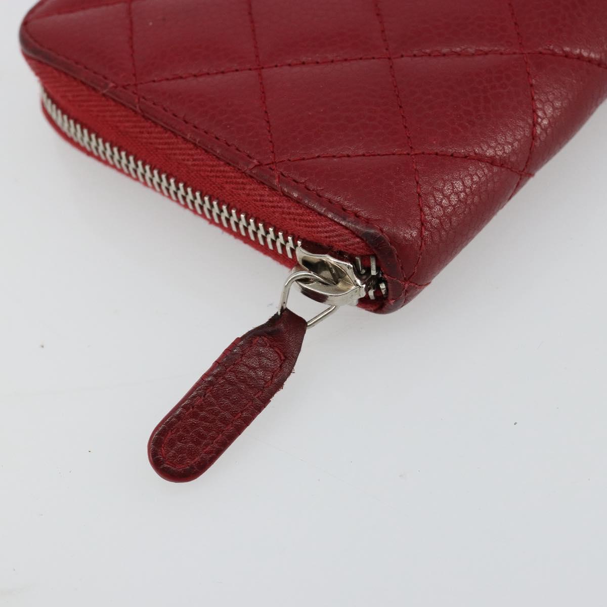 CHANEL Matelasse Long Wallet Caviar Skin Red Silver CC Auth 181674A