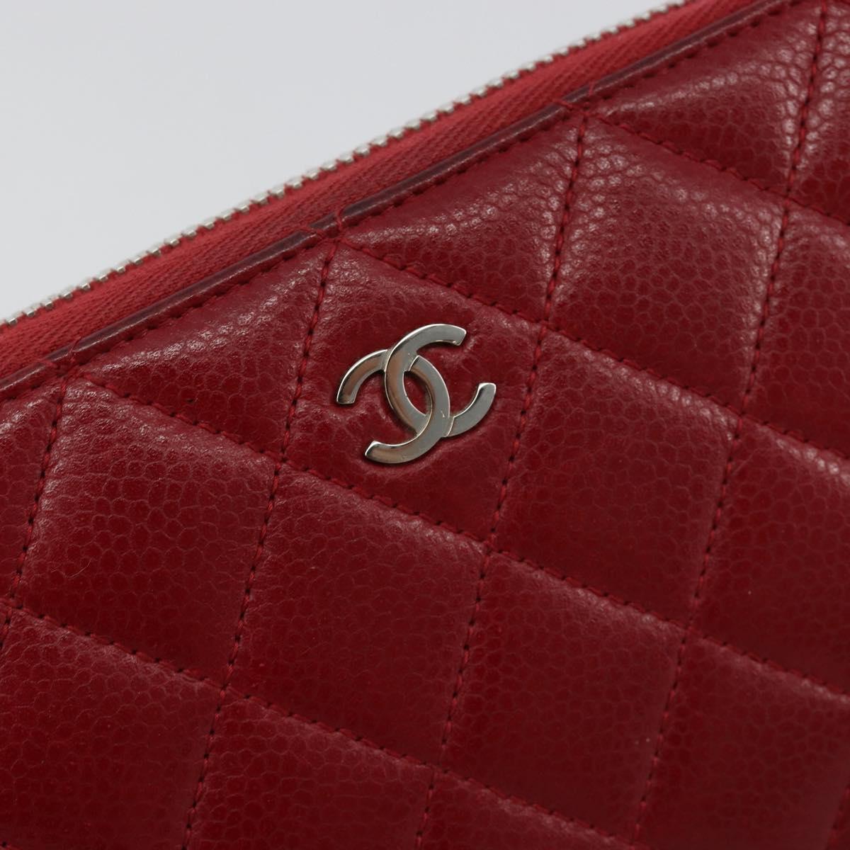 CHANEL Matelasse Long Wallet Caviar Skin Red Silver CC Auth 181674A