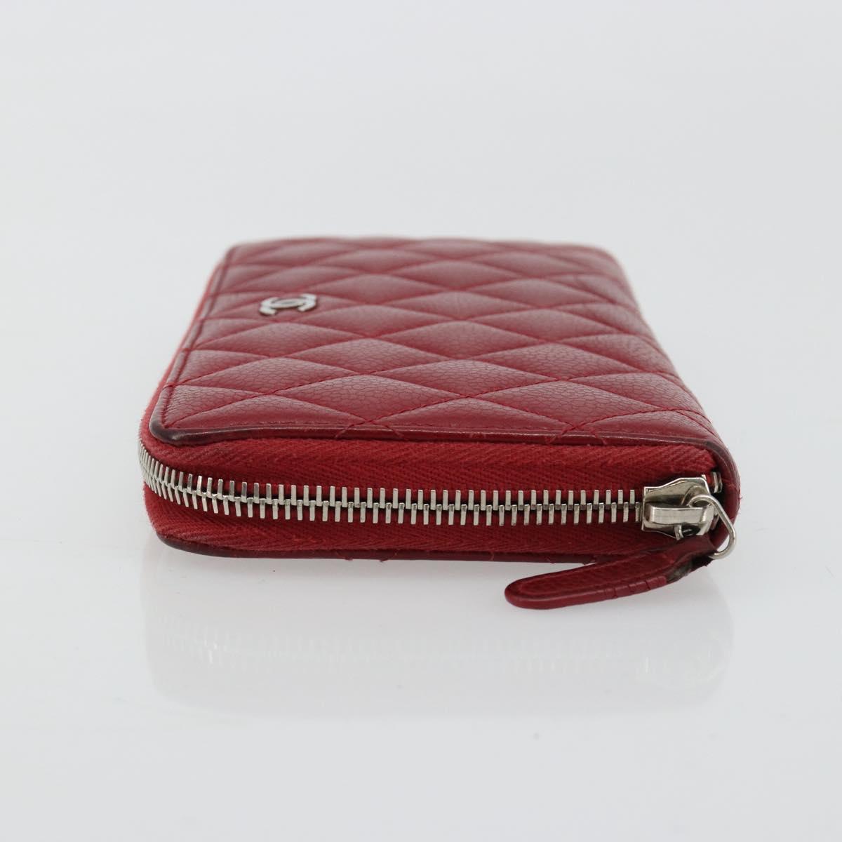 CHANEL Matelasse Long Wallet Caviar Skin Red Silver CC Auth 181674A