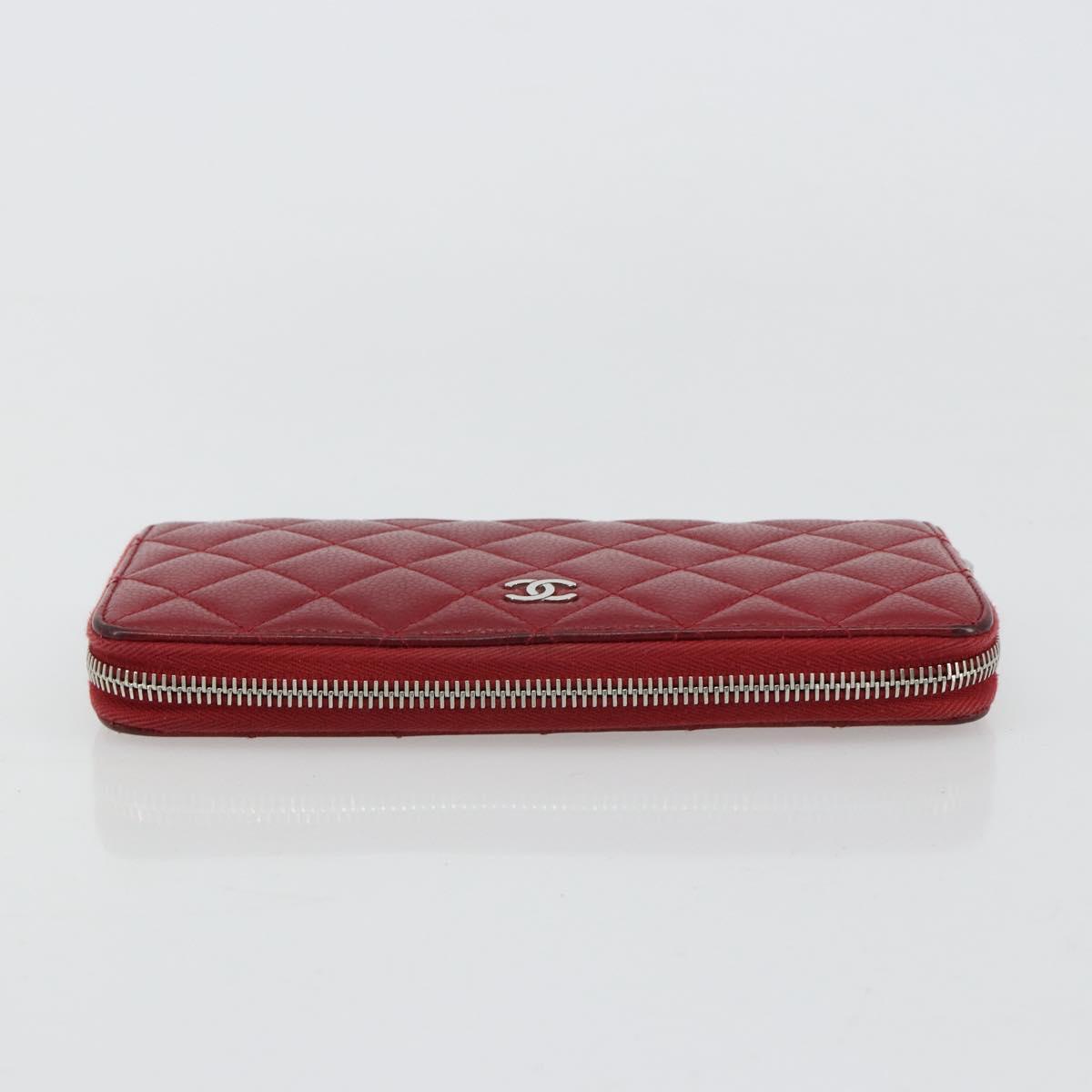 CHANEL Matelasse Long Wallet Caviar Skin Red Silver CC Auth 181674A