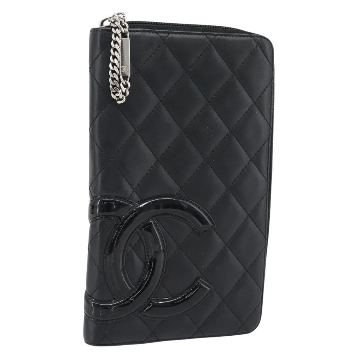CHANEL Matelasse Cambon Line Long Wallet Leather Black Silver CC Auth 181675V