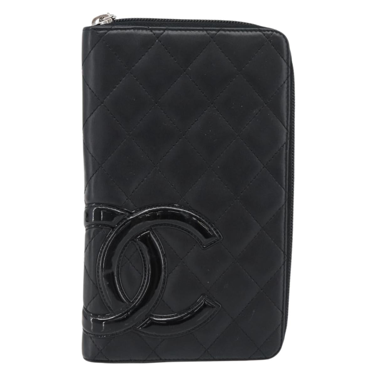 CHANEL Matelasse Cambon Line Long Wallet Leather Black Silver CC Auth 181675V