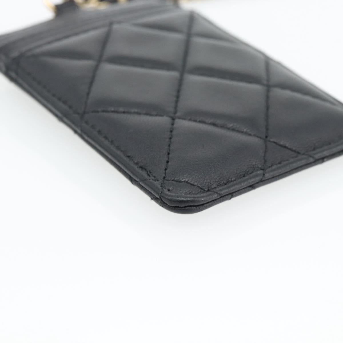 CHANEL Matelasse Chain Card Case Lamb Skin Black Gold CC Auth 181678A