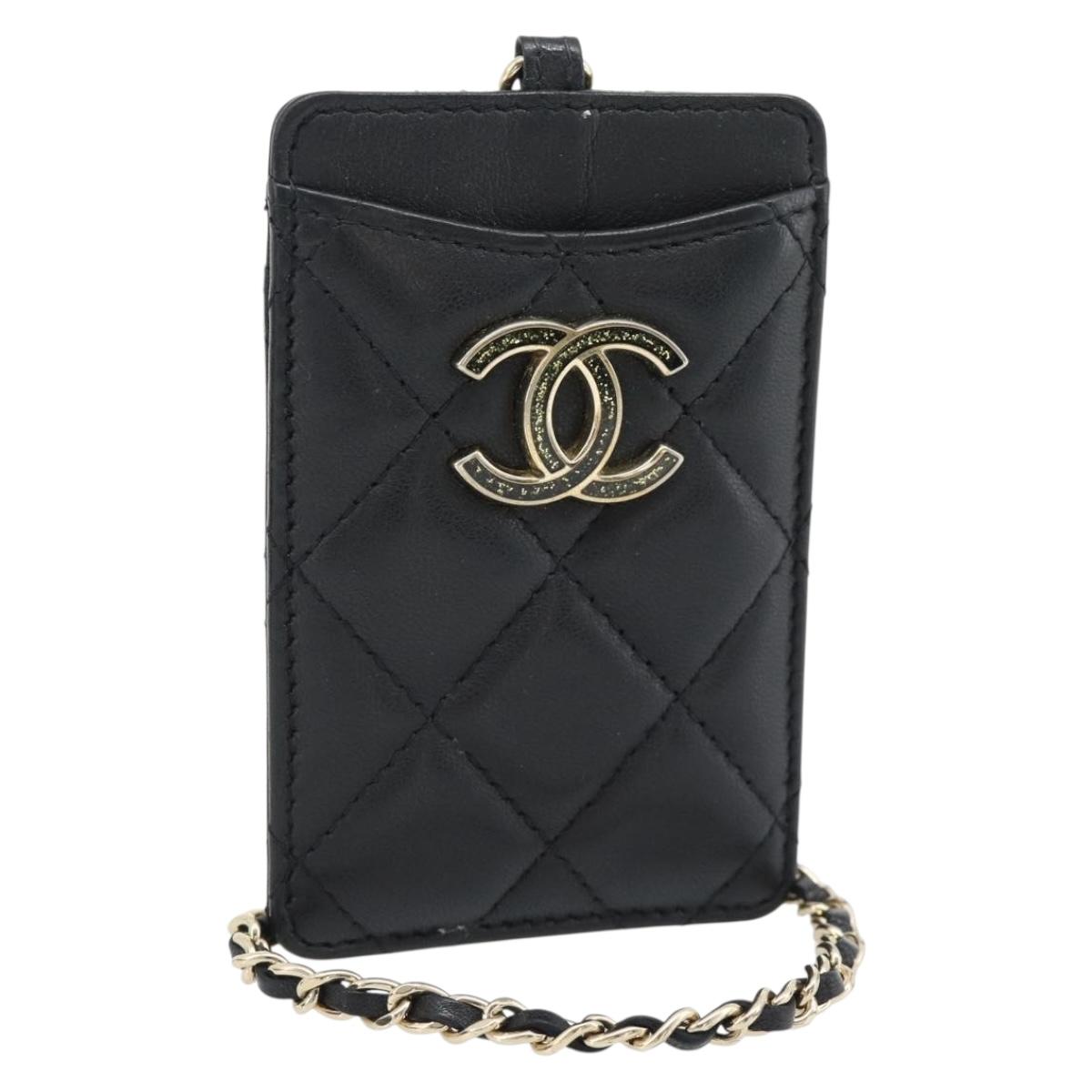 CHANEL Matelasse Chain Card Case Lamb Skin Black Gold CC Auth 181678A